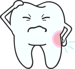 A cartoon sensitive tooth, holding its head and back due to tooth sensitivity.